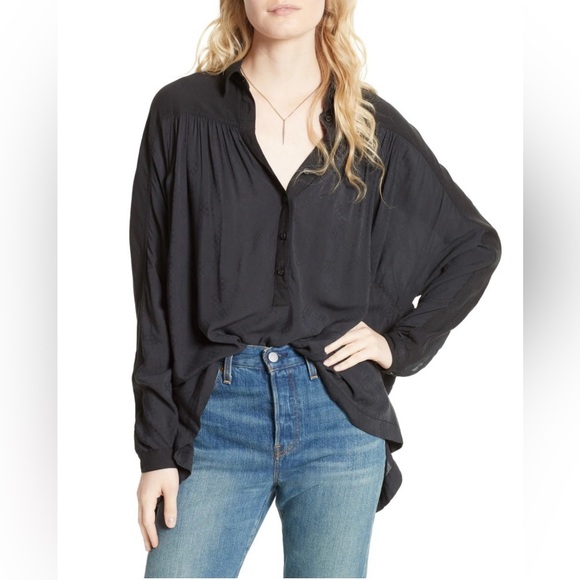 Free People Tops - FREE PEOPLE Lovely Day Black Oversized Boho Button Down Pockets Size S